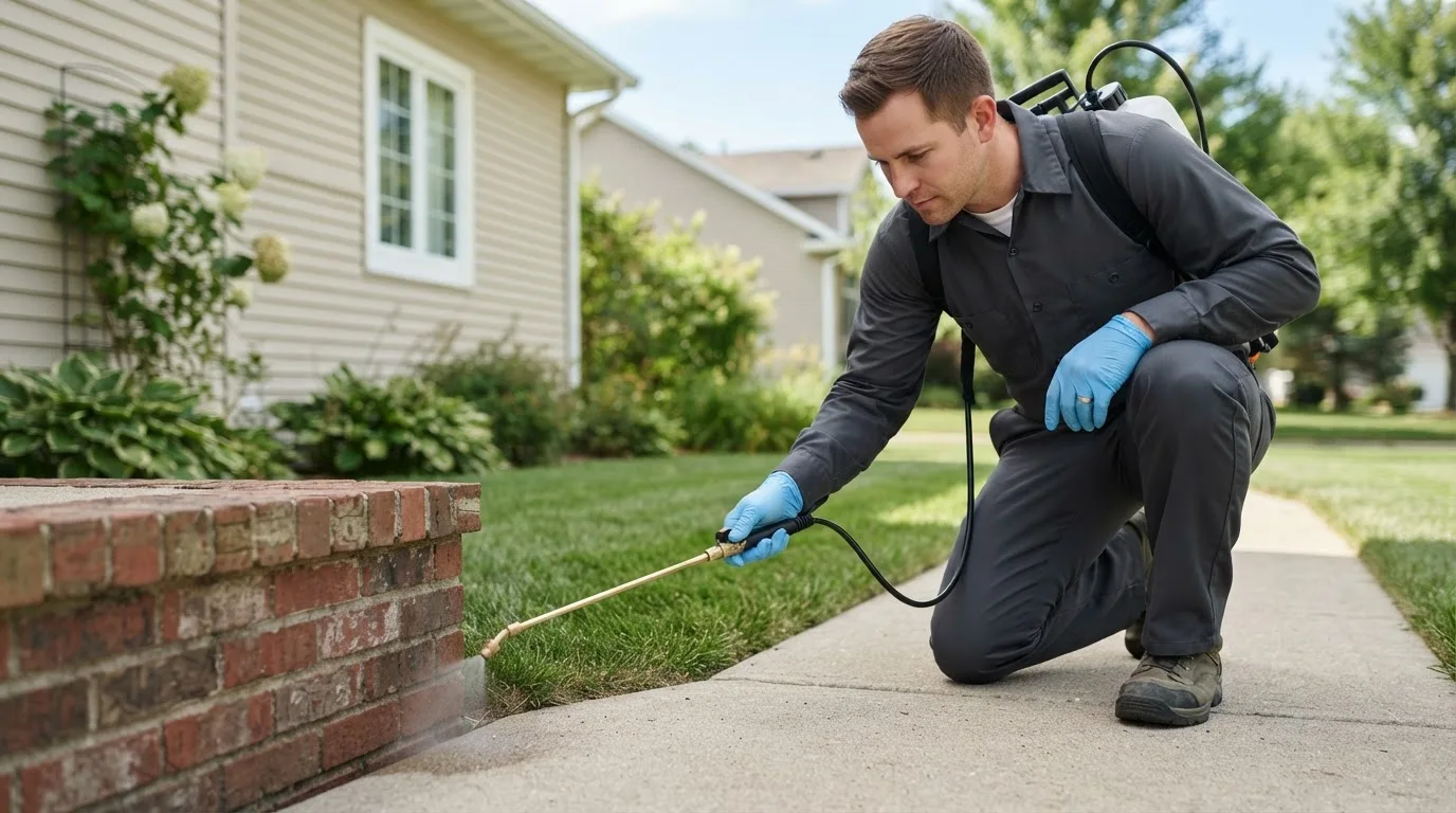 Pest control technician treating a home near Colfax, IN