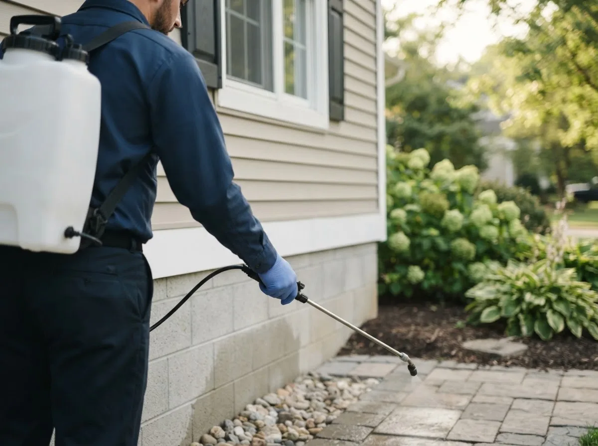 Pest control technician inspecting a home in Colfax, IN